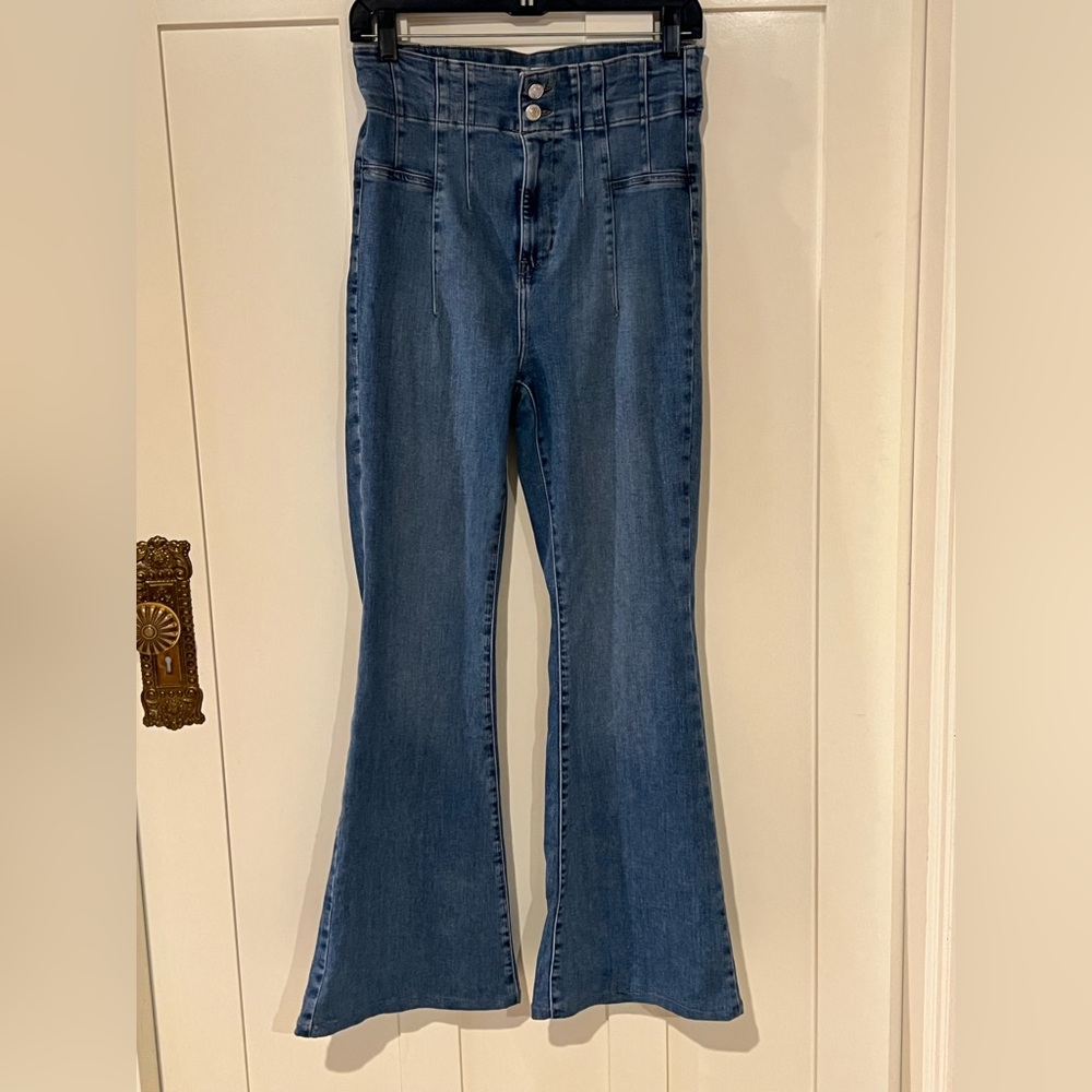 Free People We The Free Sunburst Blue Jayde Ultra High Rise Flare Leg Jeans 29 - Picture 8 of 16